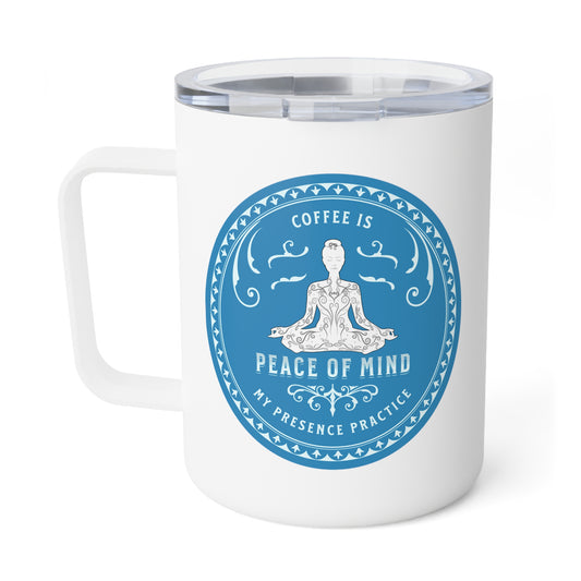 Coffee is my Presence Practice with Blue Hues Insulated, stainless steal, Coffee Mug, 10oz